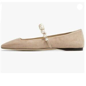 FOWT Women Square Toe Slip on Flats Pearl Studded Strap Elegant Pumps  Nude